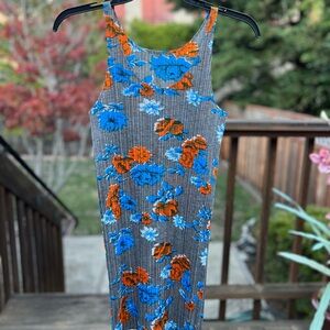 Issey Miyake Gray Midi Dress with Blue and Orange Floral Pattern